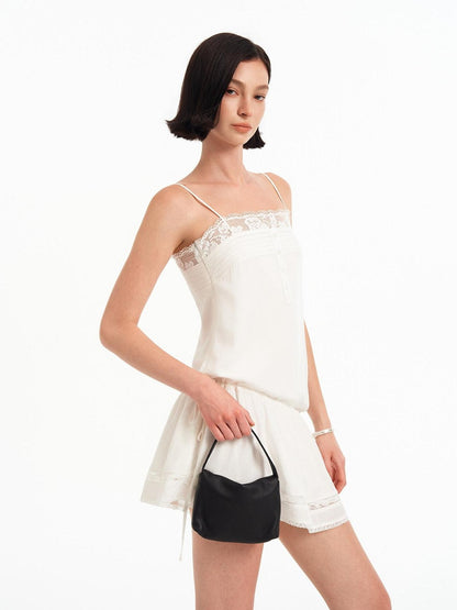 STRIKE A POSE White Pleated Lace Trim Button A Line Women&