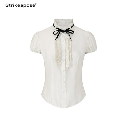STRIKE_A_POSE_White_Puff_Sleeve_Stand_Collar_Slim_Waist_Lightweight_Women&
