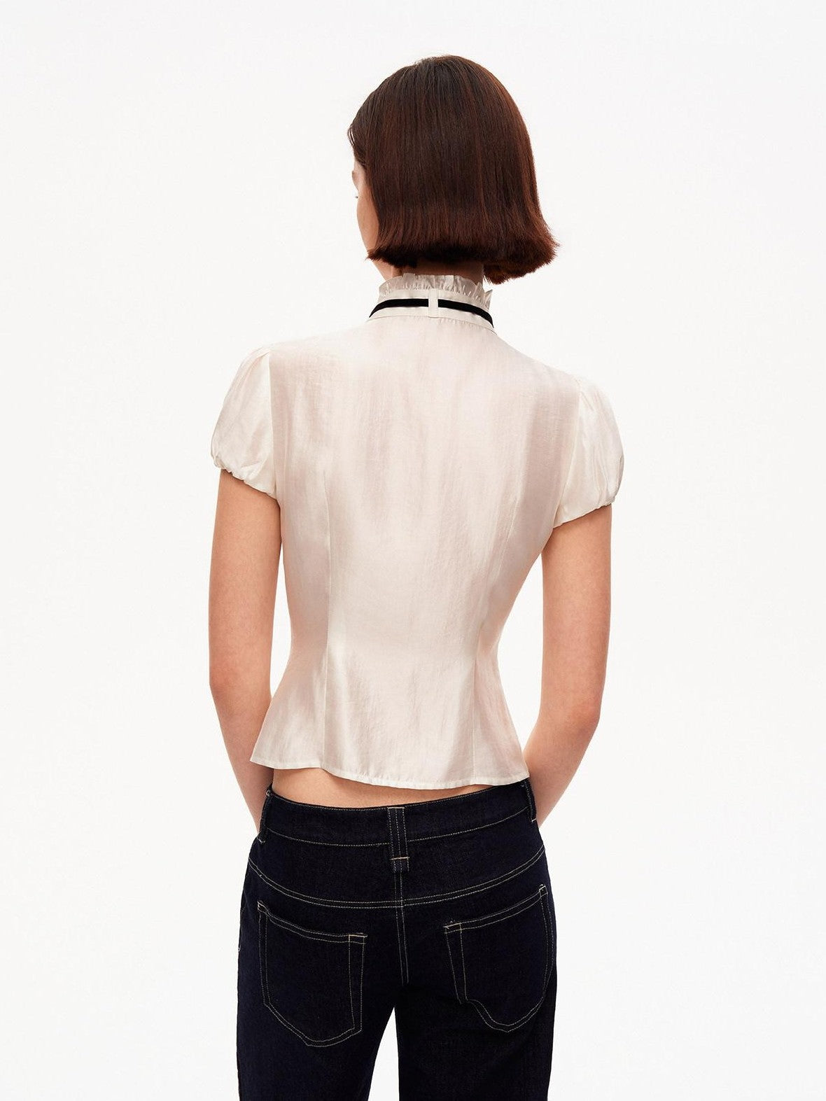 STRIKE A POSE White Puff Sleeve Stand Collar Slim Waist Lightweight Women&