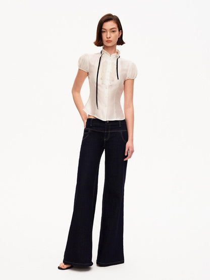 STRIKE A POSE White Puff Sleeve Stand Collar Slim Waist Lightweight Women&
