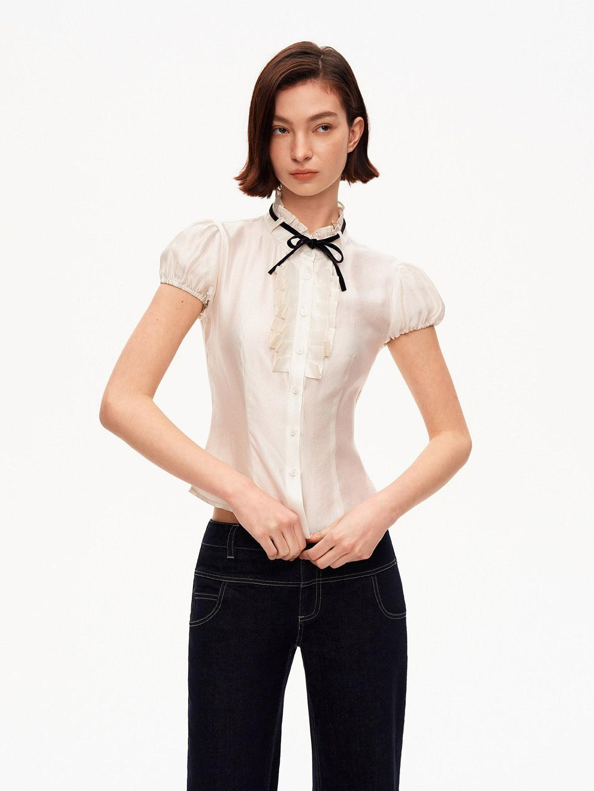 STRIKE A POSE White Puff Sleeve Stand Collar Slim Waist Lightweight Women&