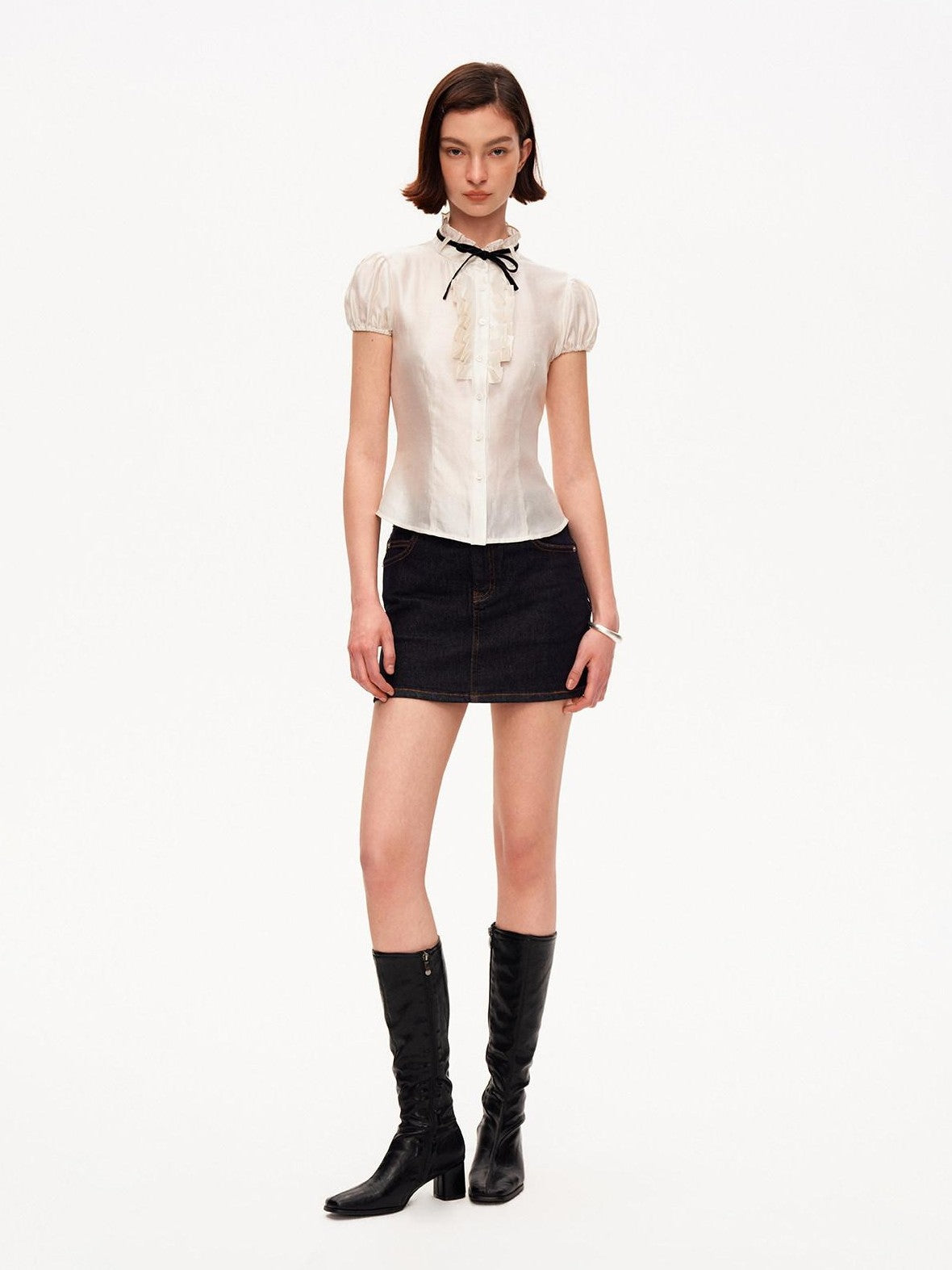 STRIKE A POSE White Puff Sleeve Stand Collar Slim Waist Lightweight Women&