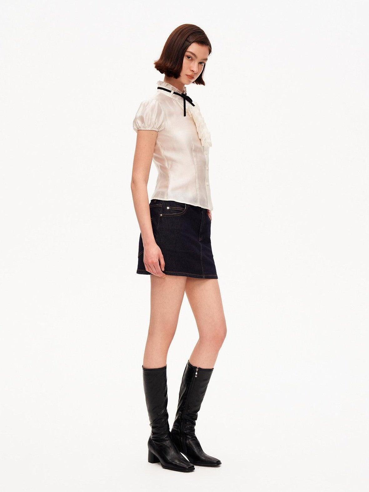 STRIKE A POSE White Puff Sleeve Stand Collar Slim Waist Lightweight Women&