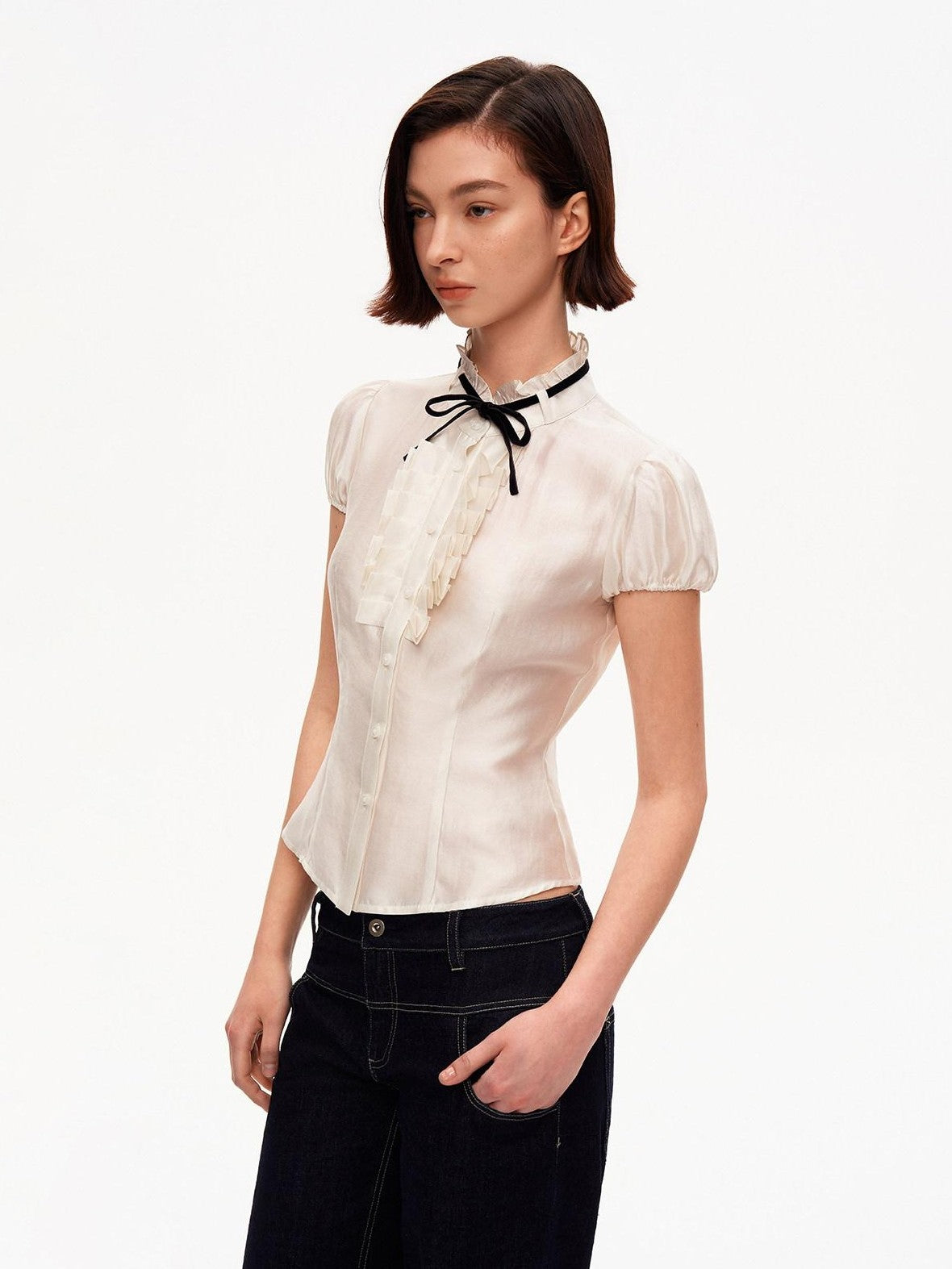 STRIKE A POSE White Puff Sleeve Stand Collar Slim Waist Lightweight Women&