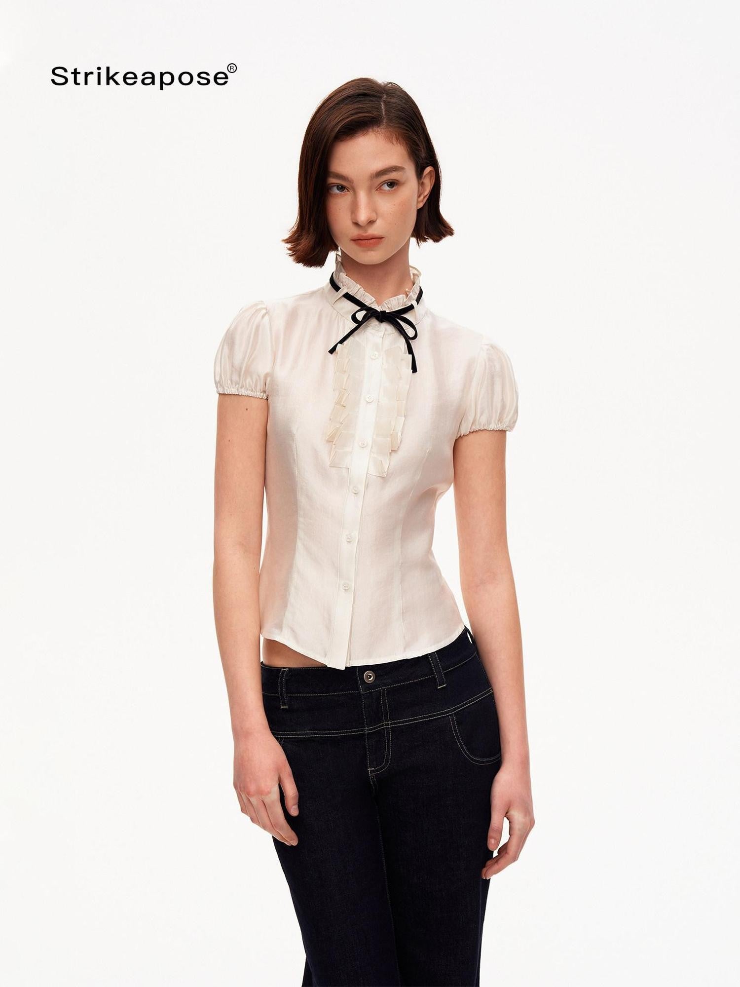 STRIKE A POSE White Puff Sleeve Stand Collar Slim Waist Lightweight Women&