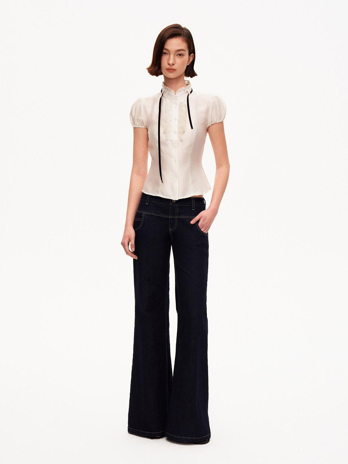 STRIKE A POSE White Puff Sleeve Stand Collar Slim Waist Lightweight Women&