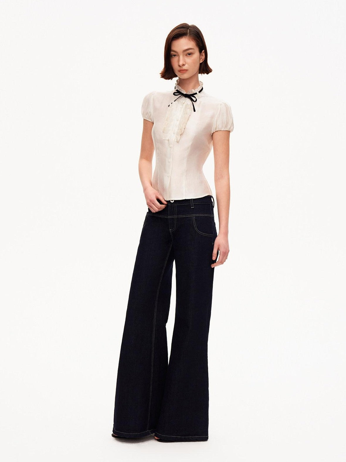 STRIKE A POSE White Puff Sleeve Stand Collar Slim Waist Lightweight Women&