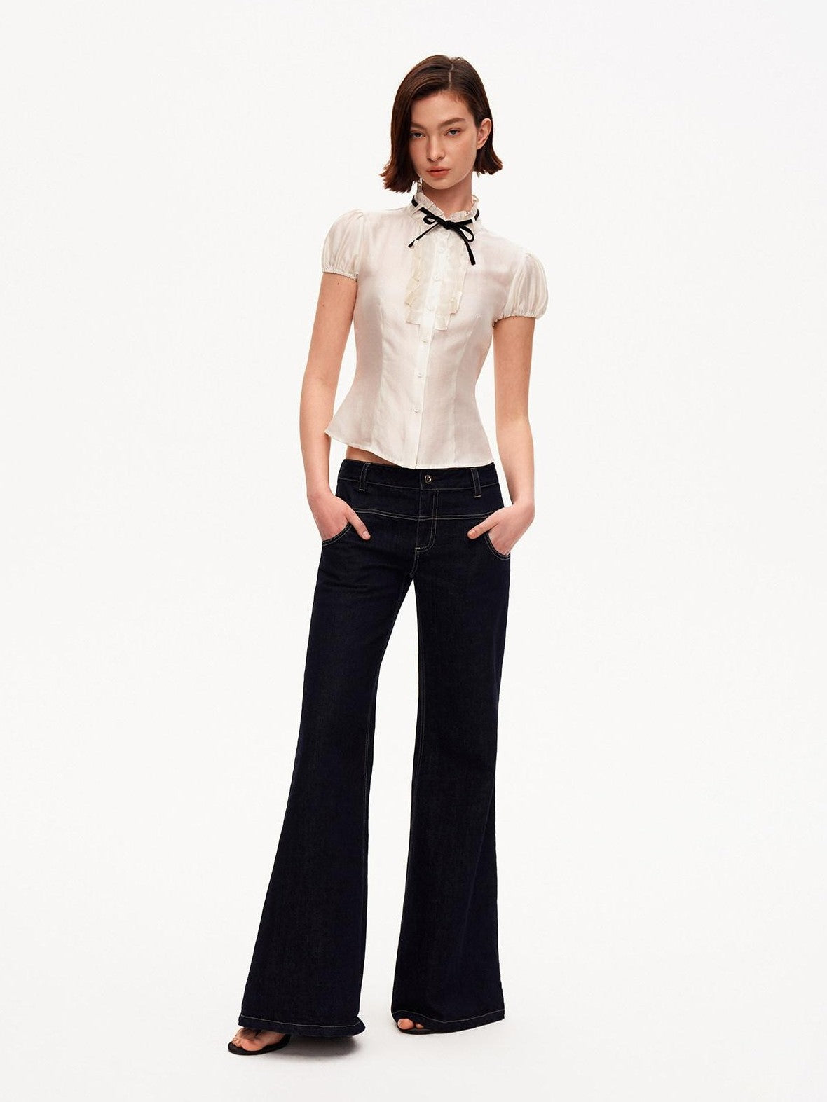 STRIKE A POSE White Puff Sleeve Stand Collar Slim Waist Lightweight Women&