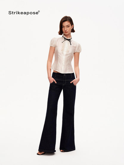 STRIKE A POSE White Puff Sleeve Stand Collar Slim Waist Lightweight Women&