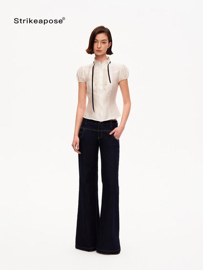 STRIKE A POSE White Puff Sleeve Stand Collar Slim Waist Lightweight Women&