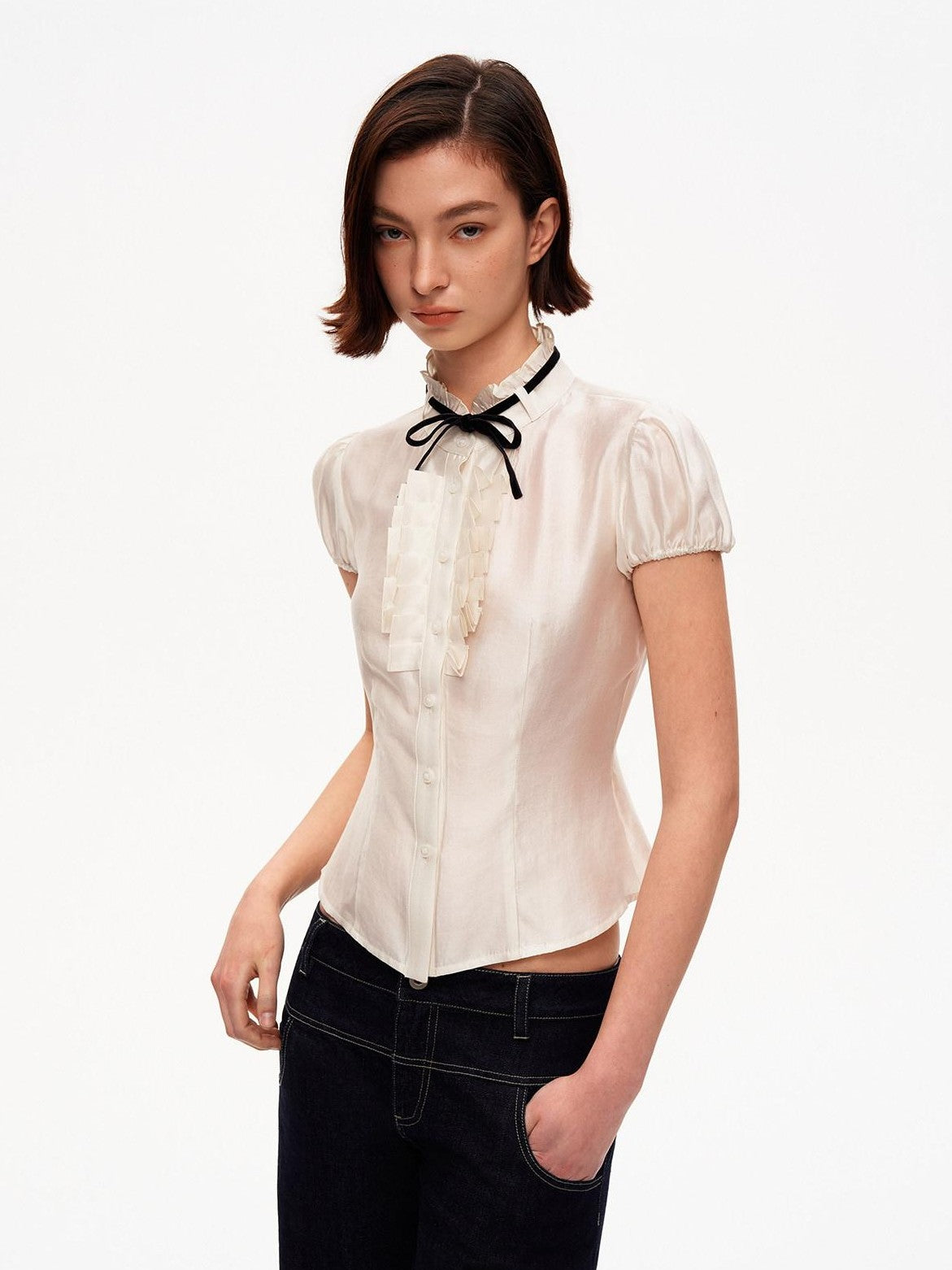 STRIKE A POSE White Puff Sleeve Stand Collar Slim Waist Lightweight Women&