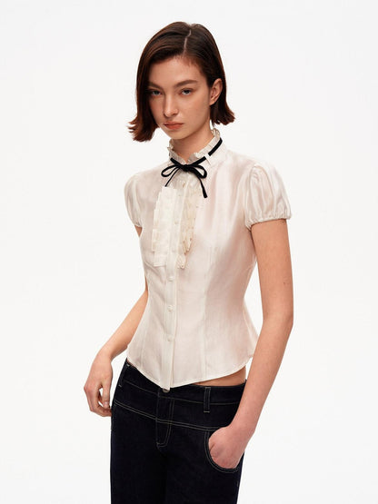 STRIKE A POSE White Puff Sleeve Stand Collar Slim Waist Lightweight Women&