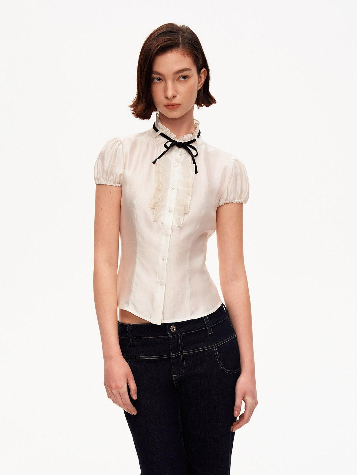 STRIKE A POSE White Puff Sleeve Stand Collar Slim Waist Lightweight Women&