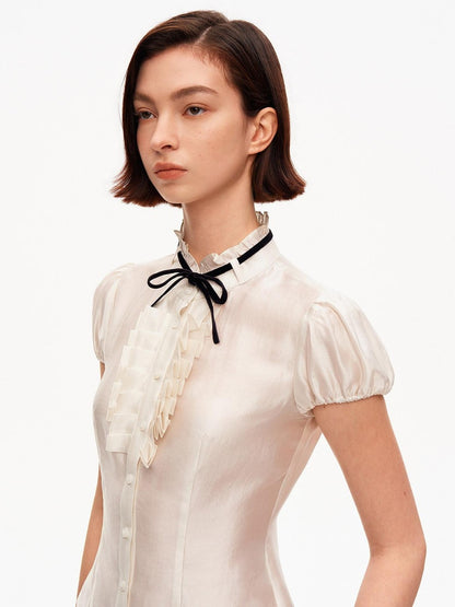 STRIKE A POSE White Puff Sleeve Stand Collar Slim Waist Lightweight Women&