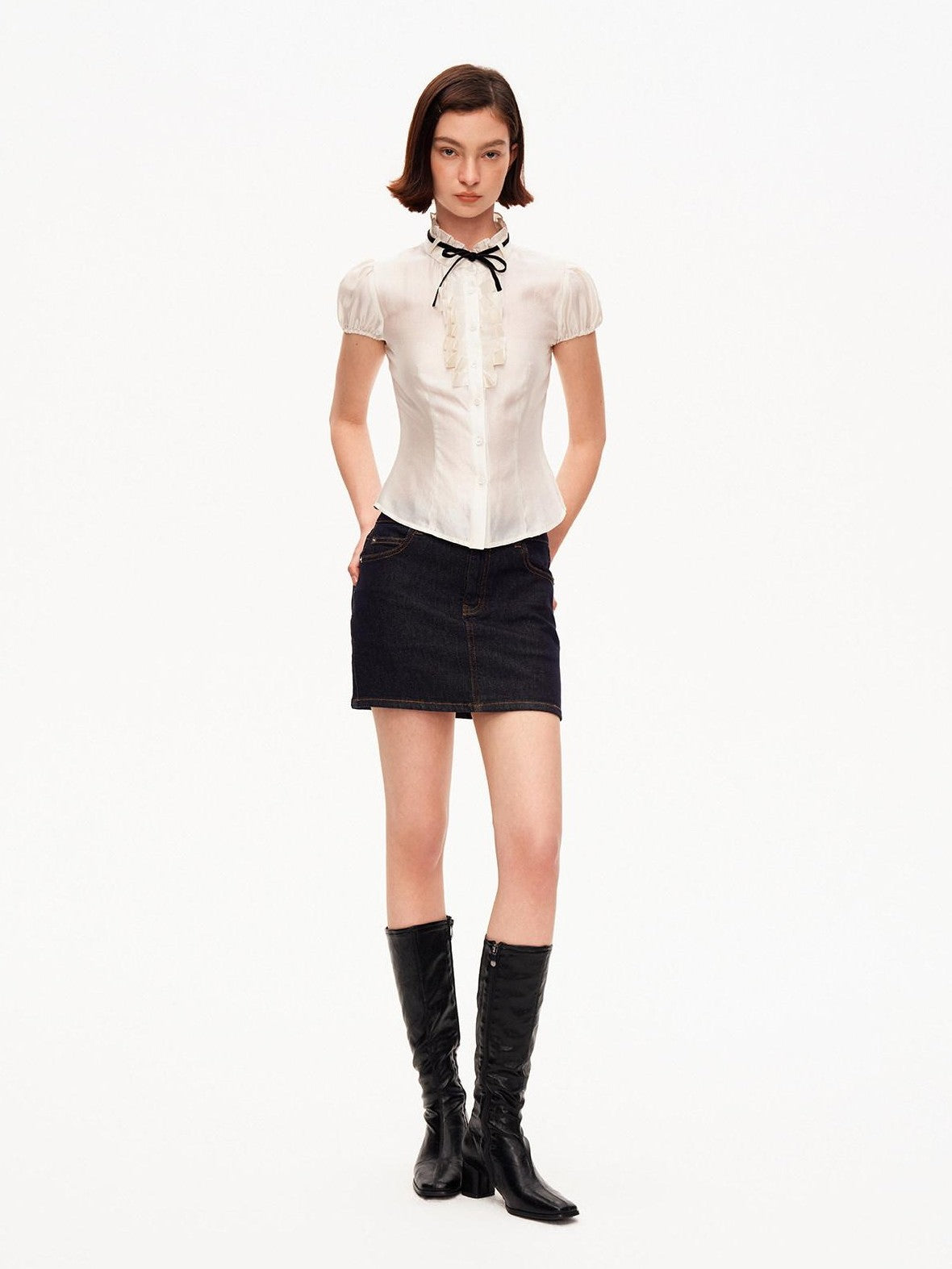STRIKE A POSE White Puff Sleeve Stand Collar Slim Waist Lightweight Women&