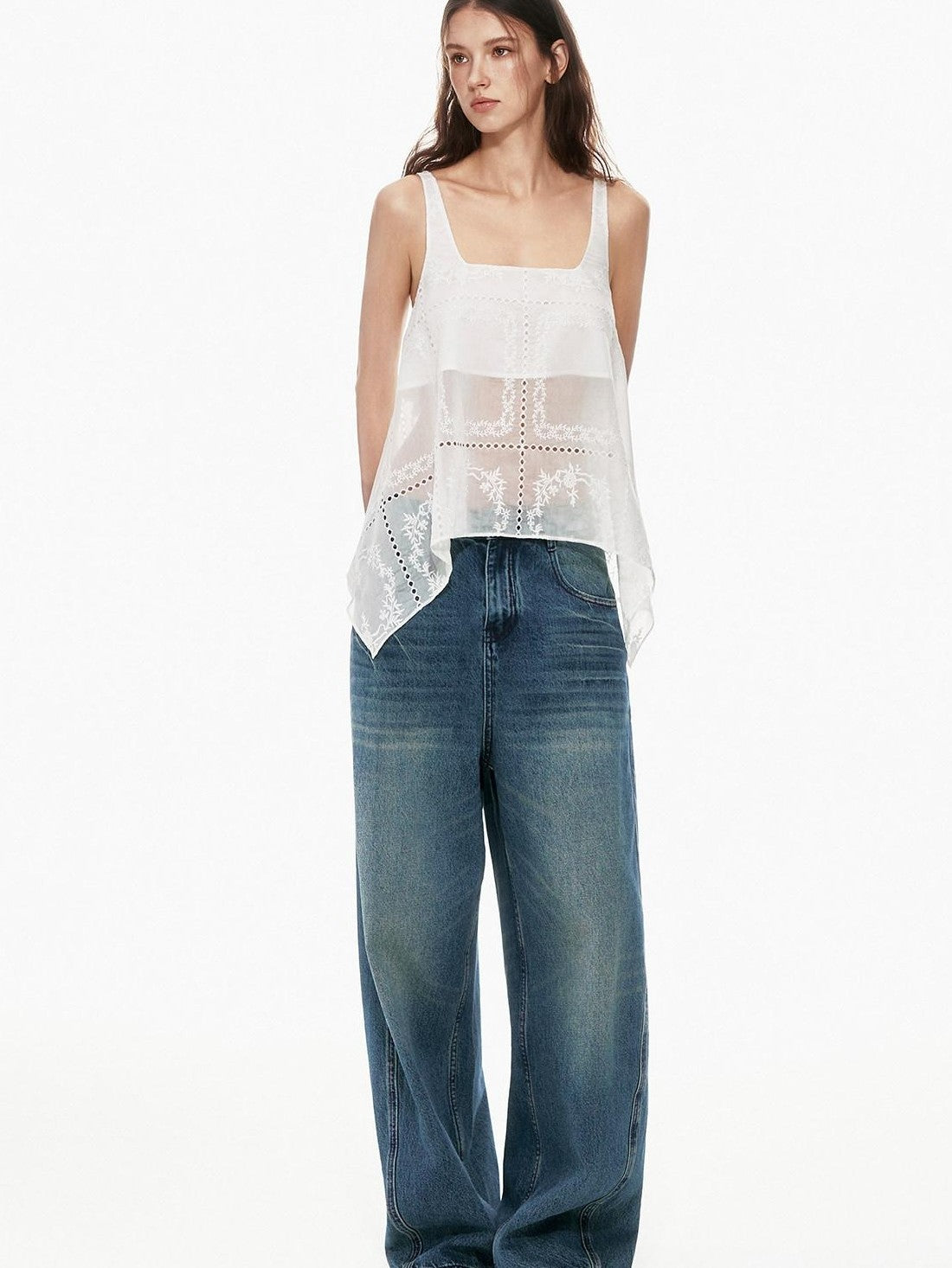 STRIKE A POSE White Sheer Square Neck Asymmetric Cutout Embroidered Women&