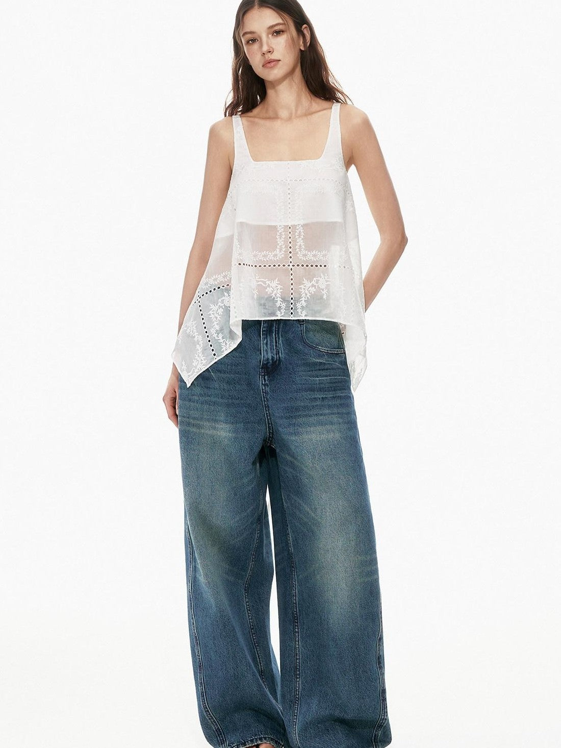 STRIKE A POSE White Sheer Square Neck Asymmetric Cutout Embroidered Women&