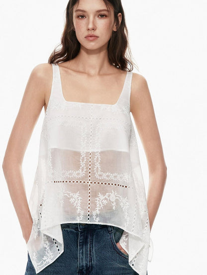STRIKE A POSE White Sheer Square Neck Asymmetric Cutout Embroidered Women&