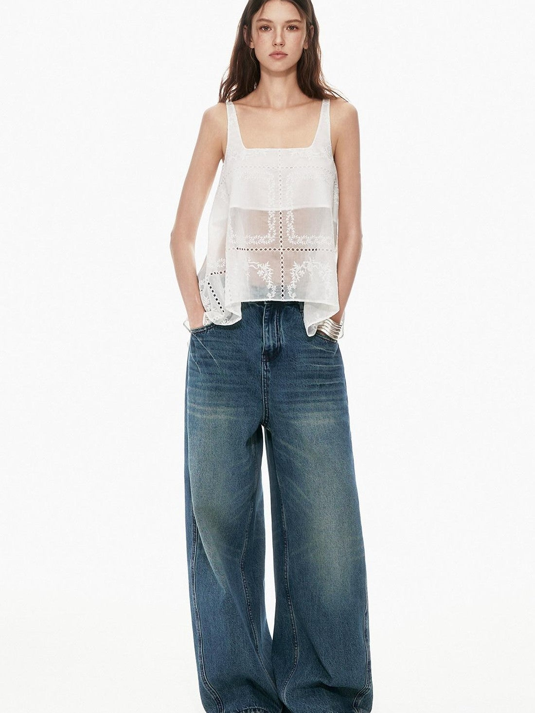 STRIKE A POSE White Sheer Square Neck Asymmetric Cutout Embroidered Women&