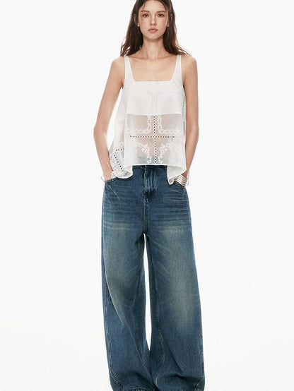 STRIKE A POSE White Sheer Square Neck Asymmetric Cutout Embroidered Women&
