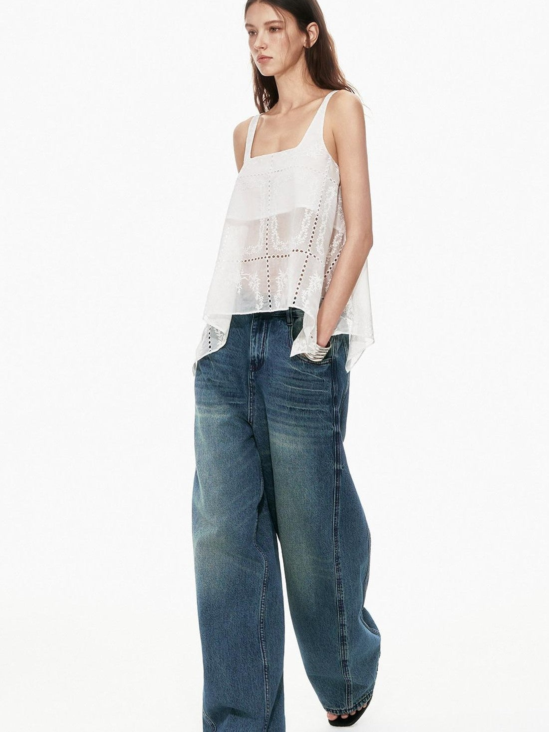 STRIKE A POSE White Sheer Square Neck Asymmetric Cutout Embroidered Women&