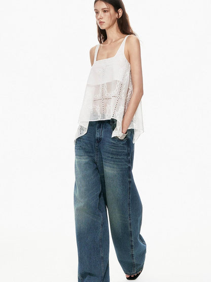 STRIKE A POSE White Sheer Square Neck Asymmetric Cutout Embroidered Women&