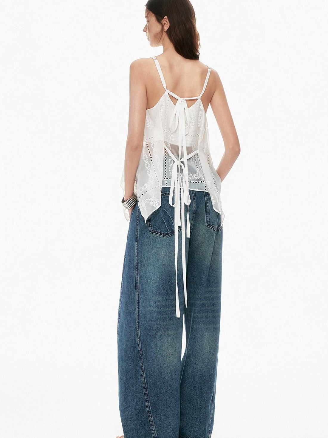 STRIKE A POSE White Sheer Square Neck Asymmetric Cutout Embroidered Women&