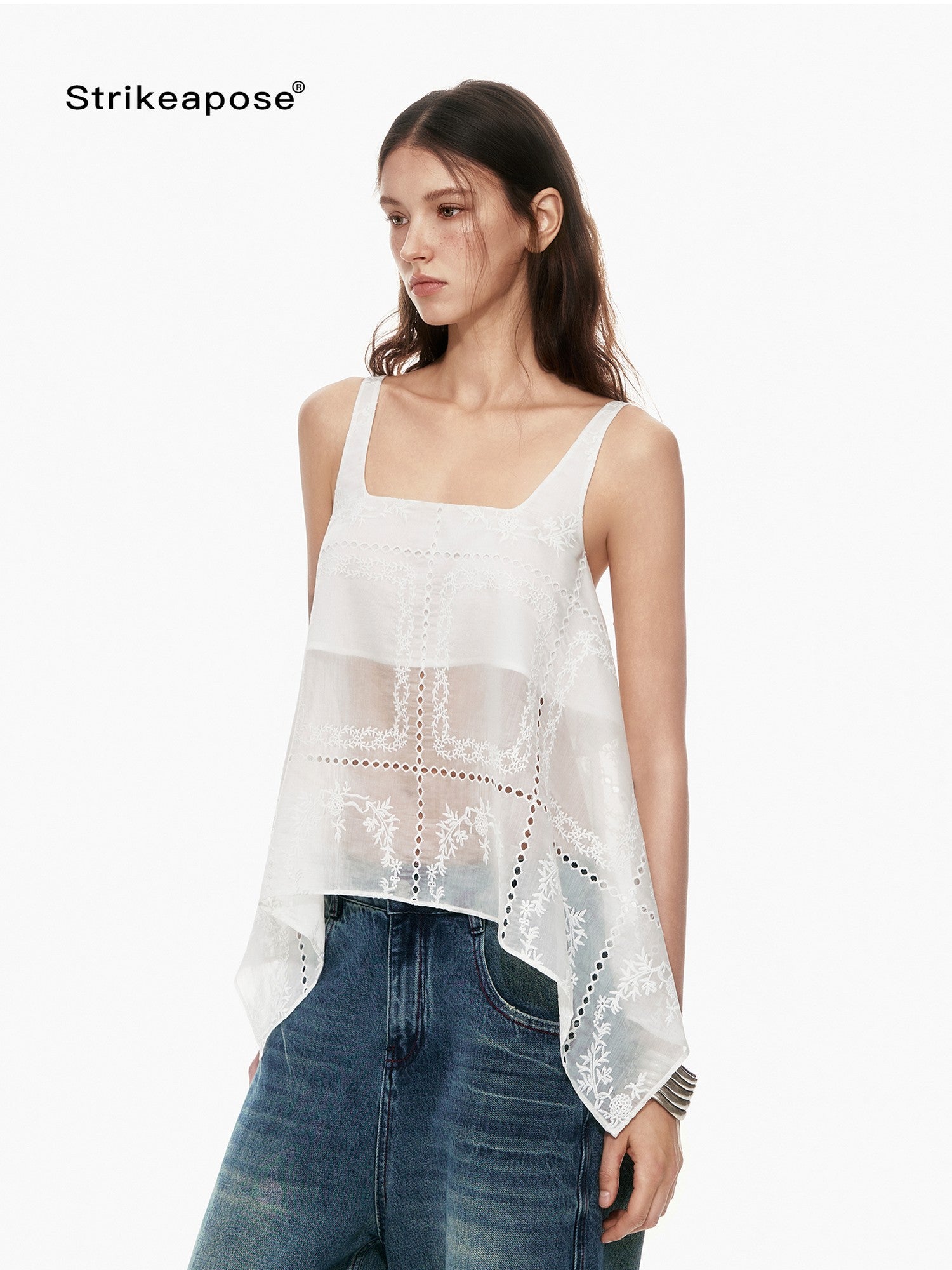 STRIKE A POSE White Sheer Square Neck Asymmetric Cutout Embroidered Women&