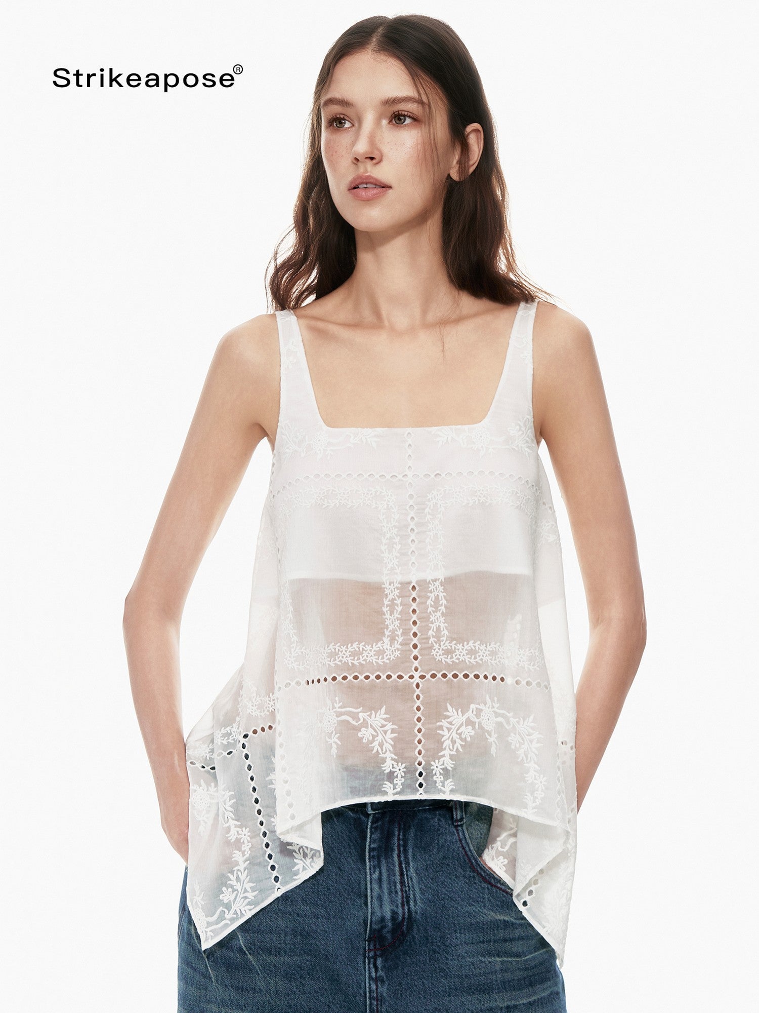 STRIKE A POSE White Sheer Square Neck Asymmetric Cutout Embroidered Women&