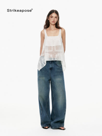STRIKE A POSE White Sheer Square Neck Asymmetric Cutout Embroidered Women&