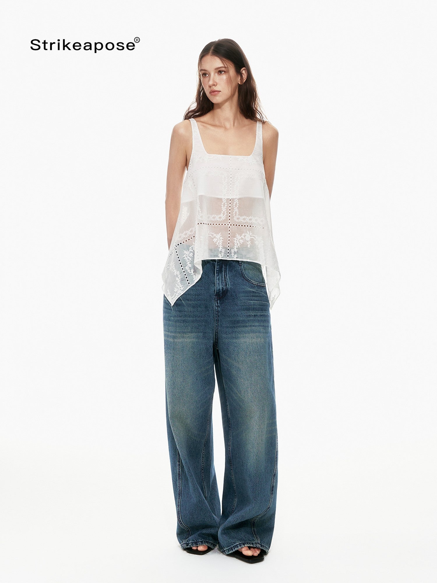 STRIKE A POSE White Sheer Square Neck Asymmetric Cutout Embroidered Women&