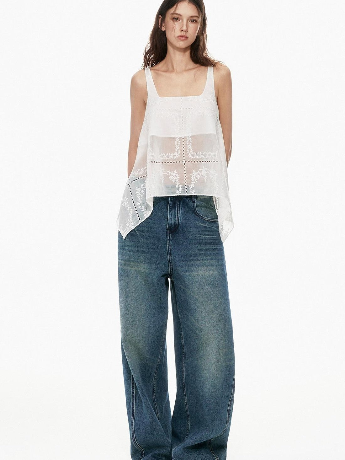 STRIKE A POSE White Sheer Square Neck Asymmetric Cutout Embroidered Women&