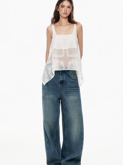 STRIKE A POSE White Sheer Square Neck Asymmetric Cutout Embroidered Women&