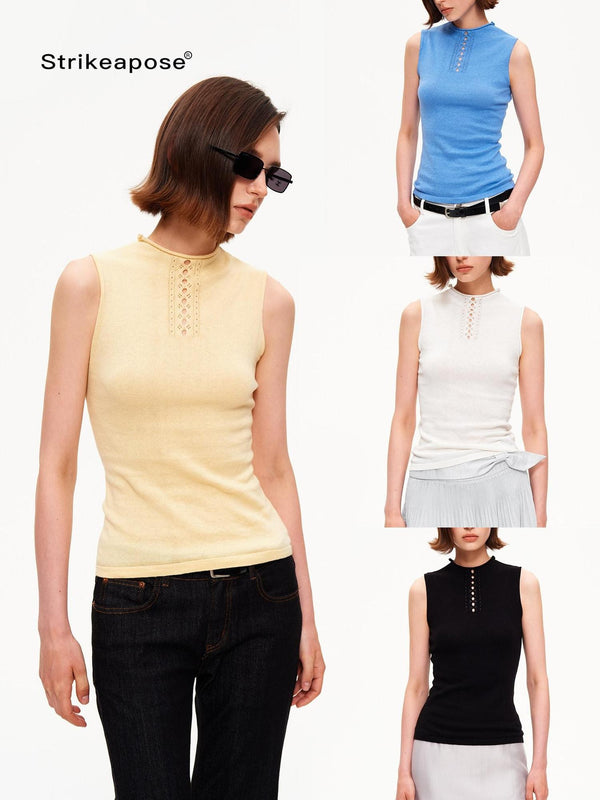 Yellow Mock Neck Cutout Ruched High Stretch Knit Slim Fit Women's Tank Tops