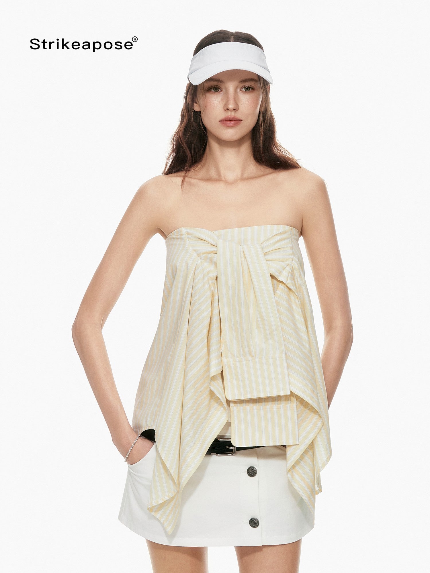 STRIKE A POSE Yellow Striped Side Tie Bandeau Convertible Shirt Style Women&