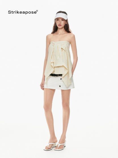 STRIKE A POSE Yellow Striped Side Tie Bandeau Convertible Shirt Style Women&