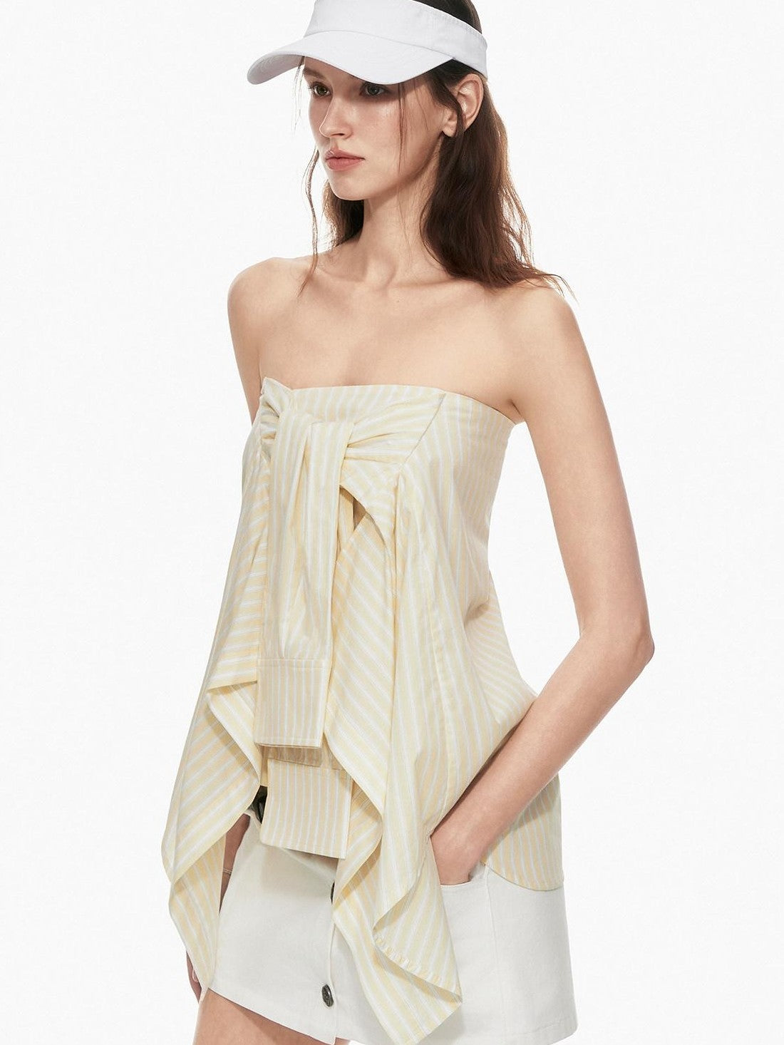 STRIKE A POSE Yellow Striped Side Tie Bandeau Convertible Shirt Style Women&
