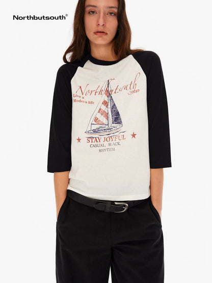 Sail Distressed Print Logo Contrast Raglan Women&