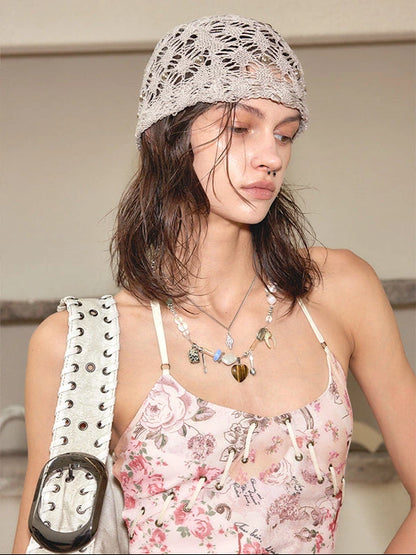 Vintage French Beaded Knit Lace Scarf Cap