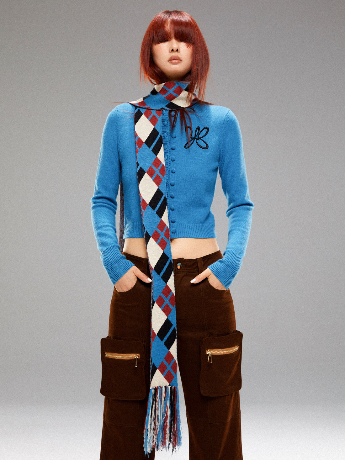 YOSHUYUKI  Island Contrast Check Scarf Blue Red Wool Blend Winter Plaid