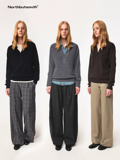 Semi Collar Loose Stack Knit Polo Top