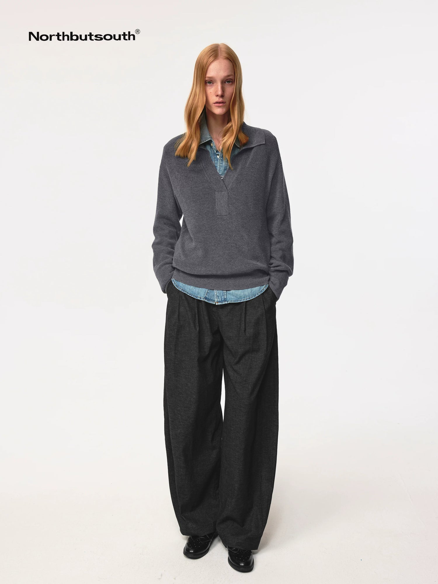 Semi Collar Loose Stack Knit Polo Top