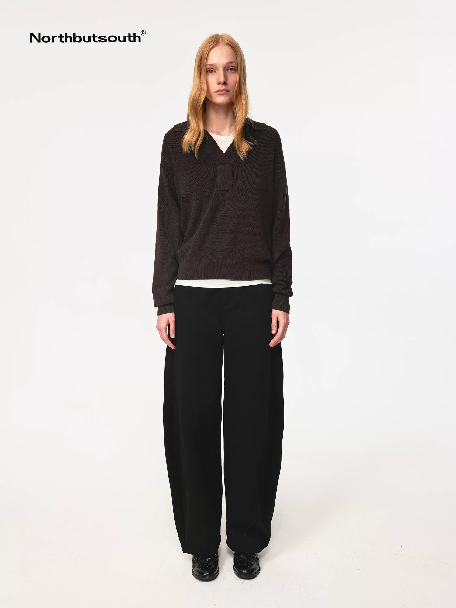 Semi Collar Loose Stack Knit Polo Top