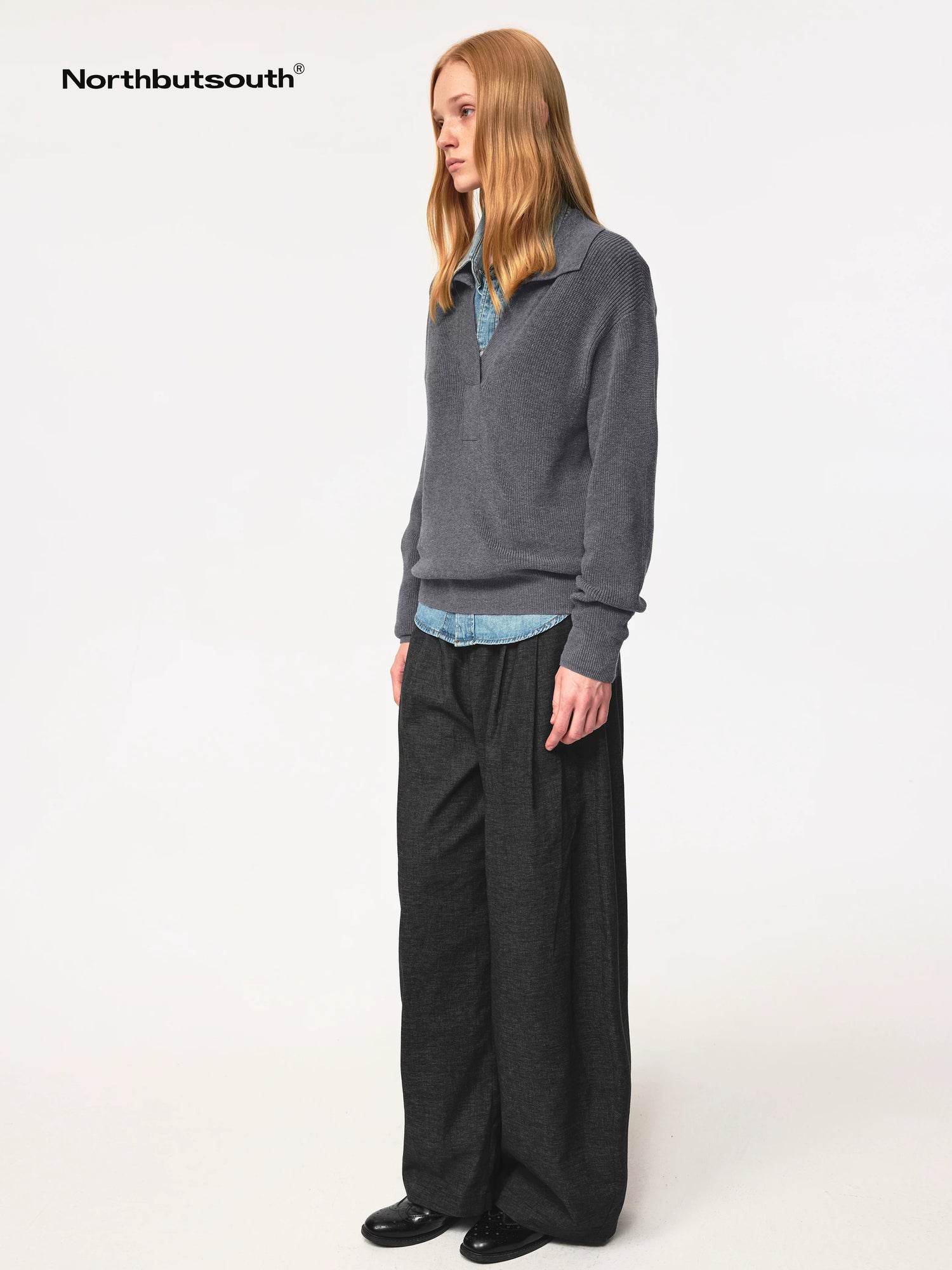 Semi Collar Loose Stack Knit Polo Top