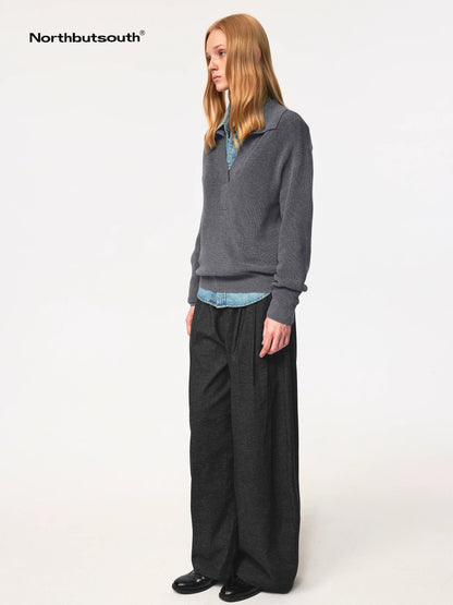 Semi Collar Loose Stack Knit Polo Top