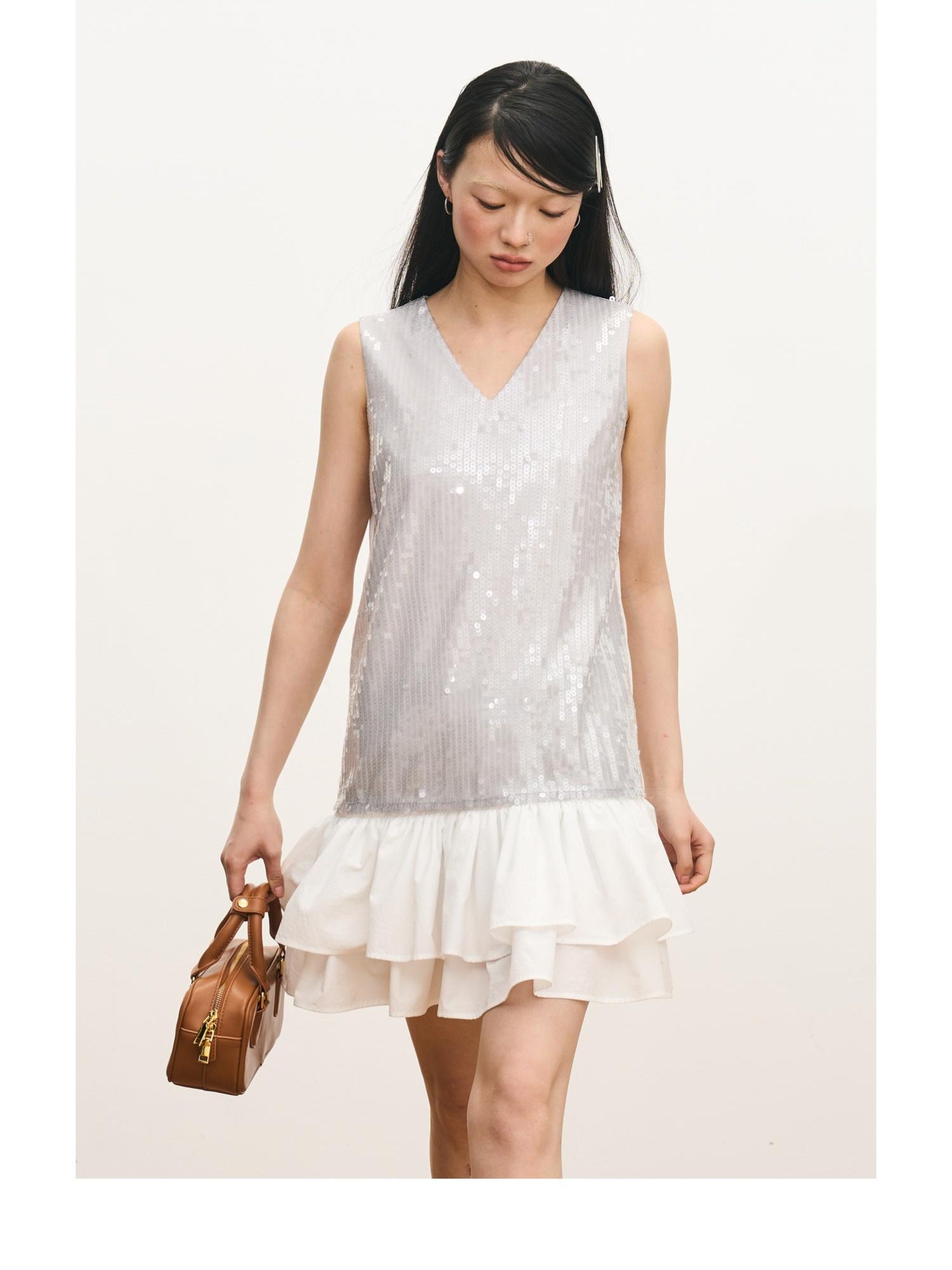 Sequined Lace Hem V-Neck Sleeveless A-Line Dress