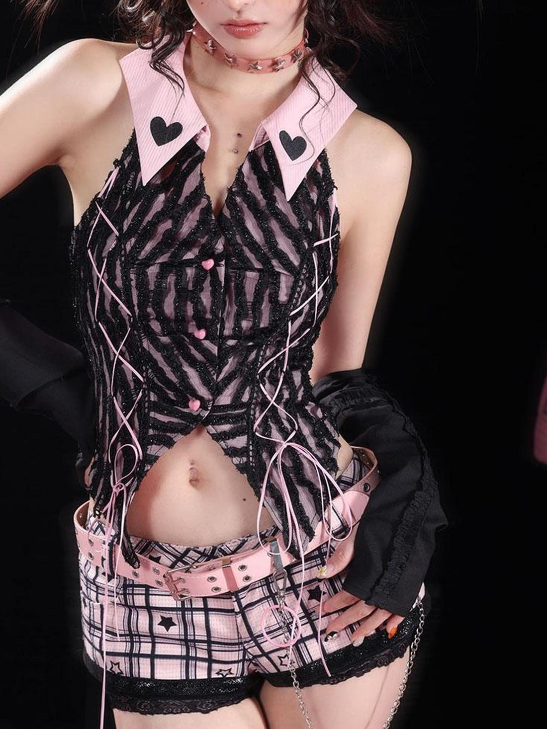 WSW WUSHENWU Sexy Asian Girl Black Pink Star Print Ultra Low Rise Shorts