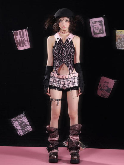 Sexy Asian Girl Black Pink Star Print Ultra Low Rise Shorts