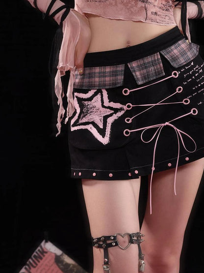 Sexy Black Pink Denim Print Studded Mini Skirt
