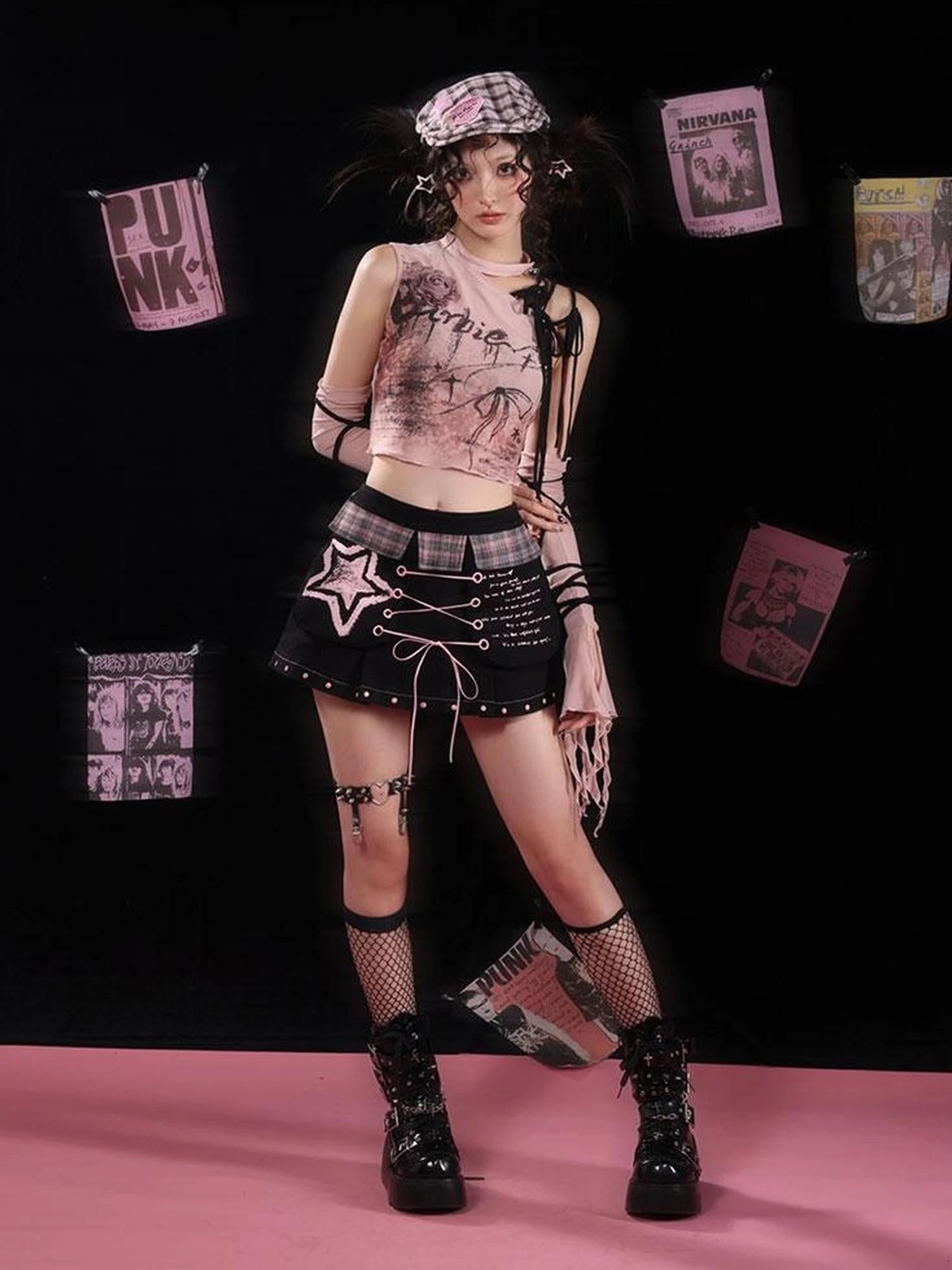 Sexy Black Pink Denim Print Studded Mini Skirt